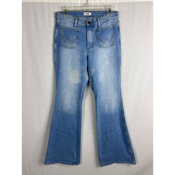 Wrangler Jeans Patch Pocket High Rise Flare Denim Western Cowgirl Rodeo Boho - Picture 1 of 8